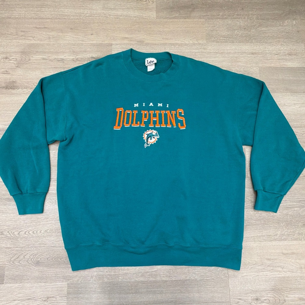 Vintage Lee Sport Miami Dolphins Sweatshirt Teal Embroidered Crewneck Mens XL